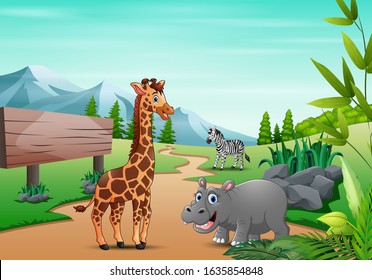 Cartoon wild animal playing in the jungle