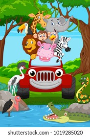 Cartoon wild animal riding a red car in the jungle