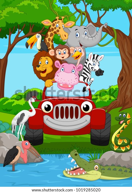 Cartoon wild\
animal riding a red car in the\
jungle