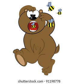 cartoon wild animal running from bee.cute bear character isolated on white background