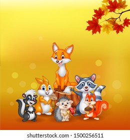 Cartoon wild animals with autumn background