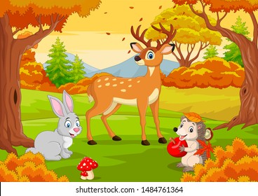 Cartoon wild animals in the autumn forest