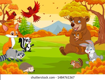 Cartoon Wild Animals In The Autumn Forest