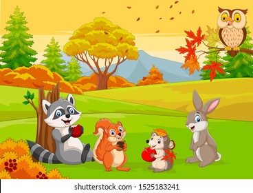 Cartoon wild animals in the autumn forest