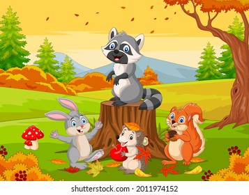 Cartoon wild animals in the autumn forest