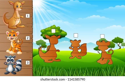 Cartoon wild animals collection. Find the correct shadow on board. Educational game for children
