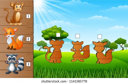 Cartoon wild animals collection set. Find the correct shadow on board. Educational game for children