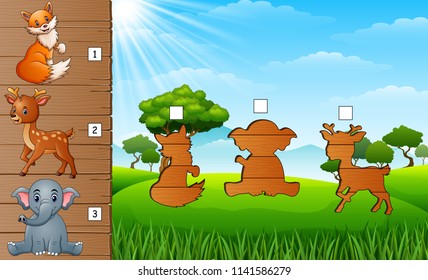 Cartoon wild animals collection set. Find the correct shadow on board. Educational game for children