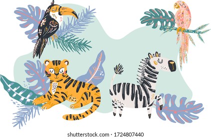 Cartoon wild animals collection set. Tiger, zebra, tiocan and parott. Tropical leavs background