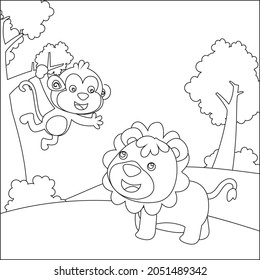 Cartoon wild animals concept, cute lion and monkey in the jungle. Childish design for kids activity colouring book or page.