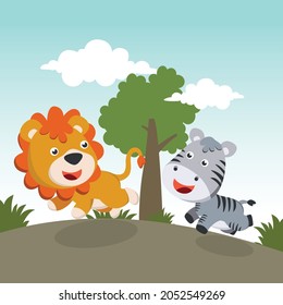 Cartoon wild animals concept, cute lion and zebra in the jungle. Creative vector childish background for fabric, textile, nursery wallpaper, poster, card, brochure. and other decoration.