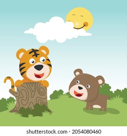 Cartoon wild animals concept, cute tiger and bear in the jungle. Creative vector childish background for fabric, textile, nursery wallpaper, poster, card, brochure. and other decoration.