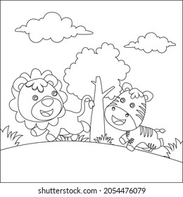 Cartoon wild animals concept, cute lion and tiger in the jungle. Childish design for kids activity colouring book or page.