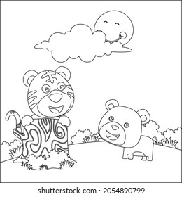 Cartoon wild animals concept, cute tiger and bear in the jungle. Childish design for kids activity colouring book or page.