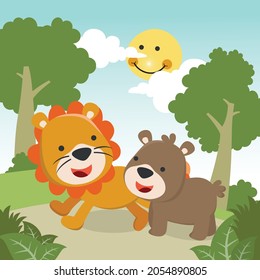 Cartoon wild animals concept, cute lion and bear in the jungle. Creative vector childish background for fabric, textile, nursery wallpaper, poster, card, brochure. and other decoration.