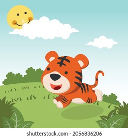 Cartoon wild animals concept, cute tiger running in the jungle. Creative vector childish background for fabric, textile, nursery wallpaper, poster, card, brochure. and other decoration.