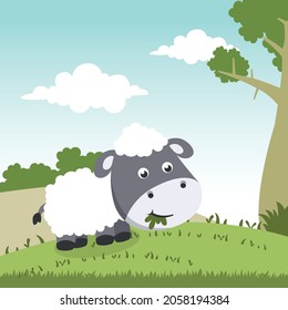 Cartoon wild animals concept, cute sheep in the jungle. Creative vector childish background for fabric, textile, nursery wallpaper, poster, card, brochure. and other decoration.