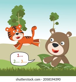 Cartoon wild animals concept, cute tiger and bear in the jungle. Creative vector childish background for fabric, textile, nursery wallpaper, poster, card, brochure. and other decoration.