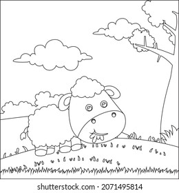 Cartoon wild animals concept, cute little sheep in the jungle. Childish design for kids activity colouring book or page.