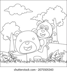Cartoon wild animals concept, cute bear and monkey in the jungle. Childish design for kids activity colouring book or page.