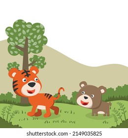 Cartoon wild animals concept, cute tiger and bear in the jungle. Creative vector childish background for fabric, textile, nursery wallpaper, poster, card, brochure. and other decoration.