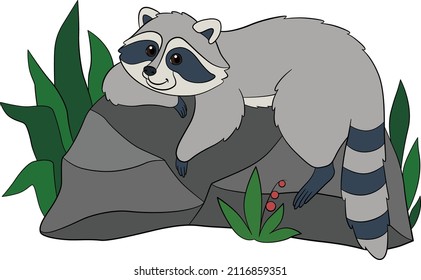 Cartoon wild animals. Cute striped smiling raccoon rests on the stone.