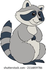 Cartoon wild animals. Cute striped raccoon stands and smiles.