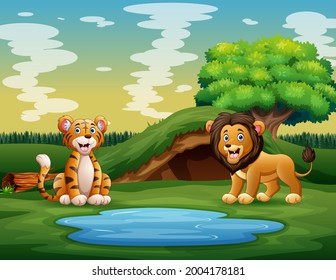 Cartoon of the wild animals enjoying nature near the pond