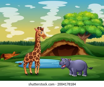 Cartoon of the wild animals enjoying nature near the pond
