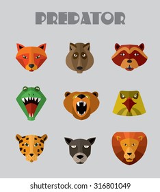 Cartoon wild animals face avatar. Fox, bear, wolf, tiger, snake. 