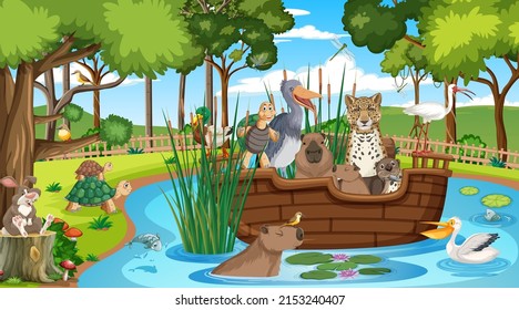 Cartoon wild animals in the forest illustration