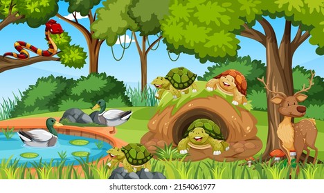 Cartoon wild animals in the forest illustration