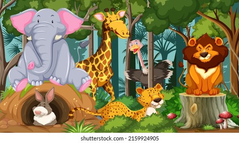 Cartoon wild animals in the forest illustration