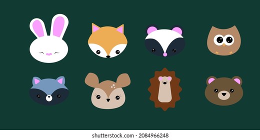 Waldtierfutter. Schlichte Tierporträts. Cartoon süße Tiere für Babykarte und Einladung. Schale, Hirsche, Bären, Raccoon, Hare, Fuchs, Hedgehog, Skunk