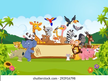 Cartoon wild animals holding banner