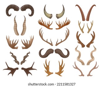 Cartoon wild animals horn, horned moose, reindeer and antelope antlers. Mammals hunting trophy, buffalo, ram and goat horns flat vector symbols set. Forest animals horn bundle