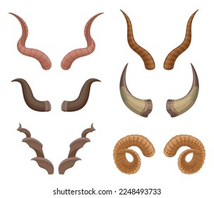 Cartoon wild animals horns. Horned goat, buffalo and ram antlered, ungulates mammals horns flat vector illustration set on white background