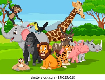 Cartoon wild animals in the jungle