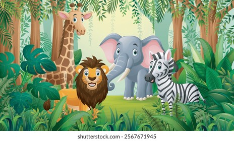 Cartoon wild animals in the jungle