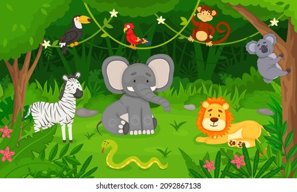 Cartoon wild animals in jungle forest, tropical animal habitat. Cute lion, snake, toucan, monkey, elephant, rainforest vector illustration. Wildlife with greenery and fauna characters