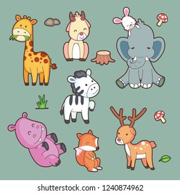 Cartoon wild animals in jungle and icons set.vector illustrataion.