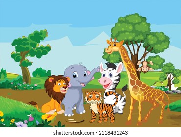 Caricatura de animales salvajes en la jungla, animales salvajes en la ilustración de la jungla