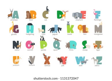 Cartoon wild animals kids alphabet for children studying english. Education vector background. Abc letter wildlife, giraffe and hedgehog, flamingo and elephant illustration