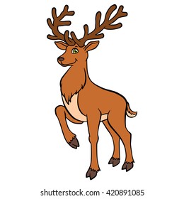 Cartoon wild animals for kids. Cure deer with great horns stands and smiles.