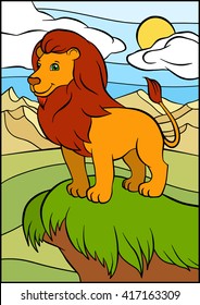 Cartoon wild animals for kids. Cute beautiful lion stands and smiles.