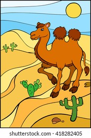Cartoon wild animals for kids. Cute camel stands on the sand in the desert and smiles.