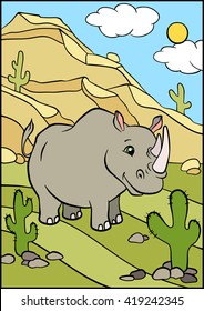 Cartoon wild animals for kids. Cute rhinoceros stands and smiles.