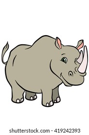 Cartoon wild animals for kids. Cute rhinoceros stands and smiles.
