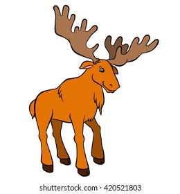 Cartoon wild animals for kids. Cute elk with huge horns stands and smiles. He is happy.