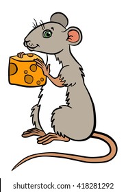 Cartoon wild animals for kids. Little cute mouse holds a cheese in the hands and smiles.